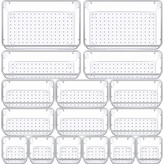 Organizzatore di carreggiata 16-delig - Cassettiere opendosi - Organizzatore sovrapponibile - Materiale trasparente in plastica - Per trucco/ufficio/bagno - Sistema di risparmio di spazio