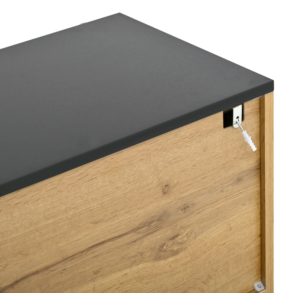 Sideboard 160x35x80.5 cm con 2 ante a mosaico e ripiano fisso in truciolare naturale e nero