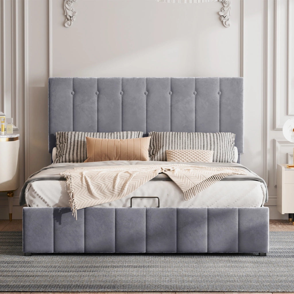 Letto Contenitore 140x200 cm; Letto Matrimoniale con contenitore idraulico; in Velluto Grigio