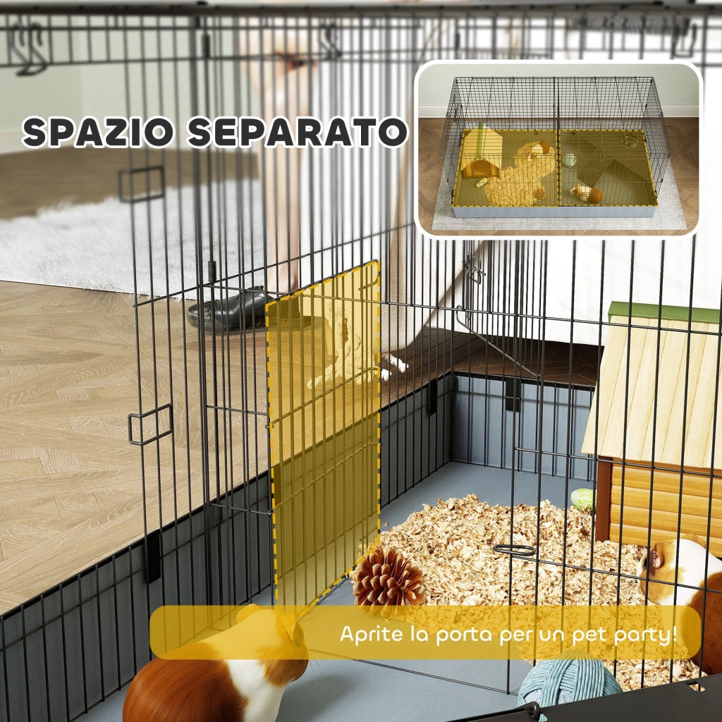 Gabbia per Animali Piccoli 2 in 1 121x61x61 cm con Coperchio Rimovibile e Sezioni Separate Nero