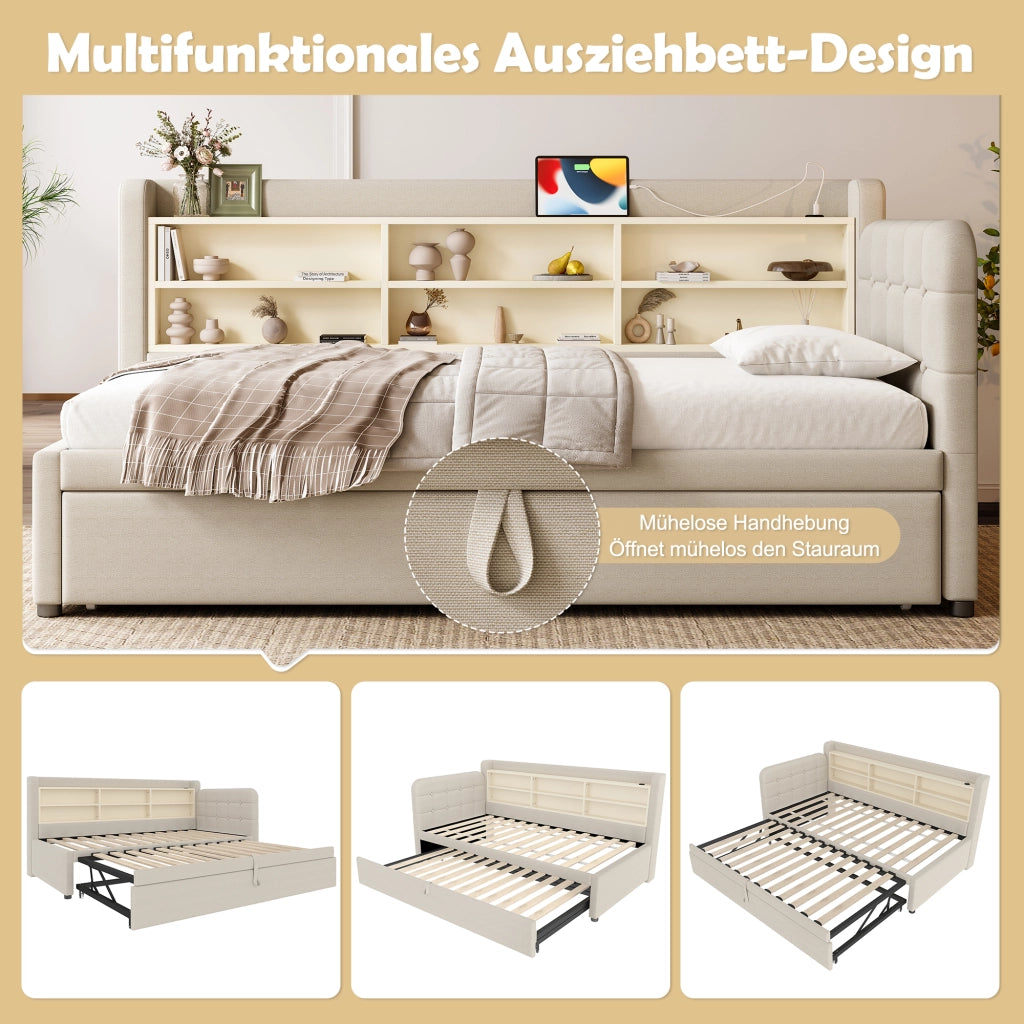 DESMIU Letto divano 90 × 200 cm 1 posto con USB, Type-C, ripiani, senza materasso, in lino, beige