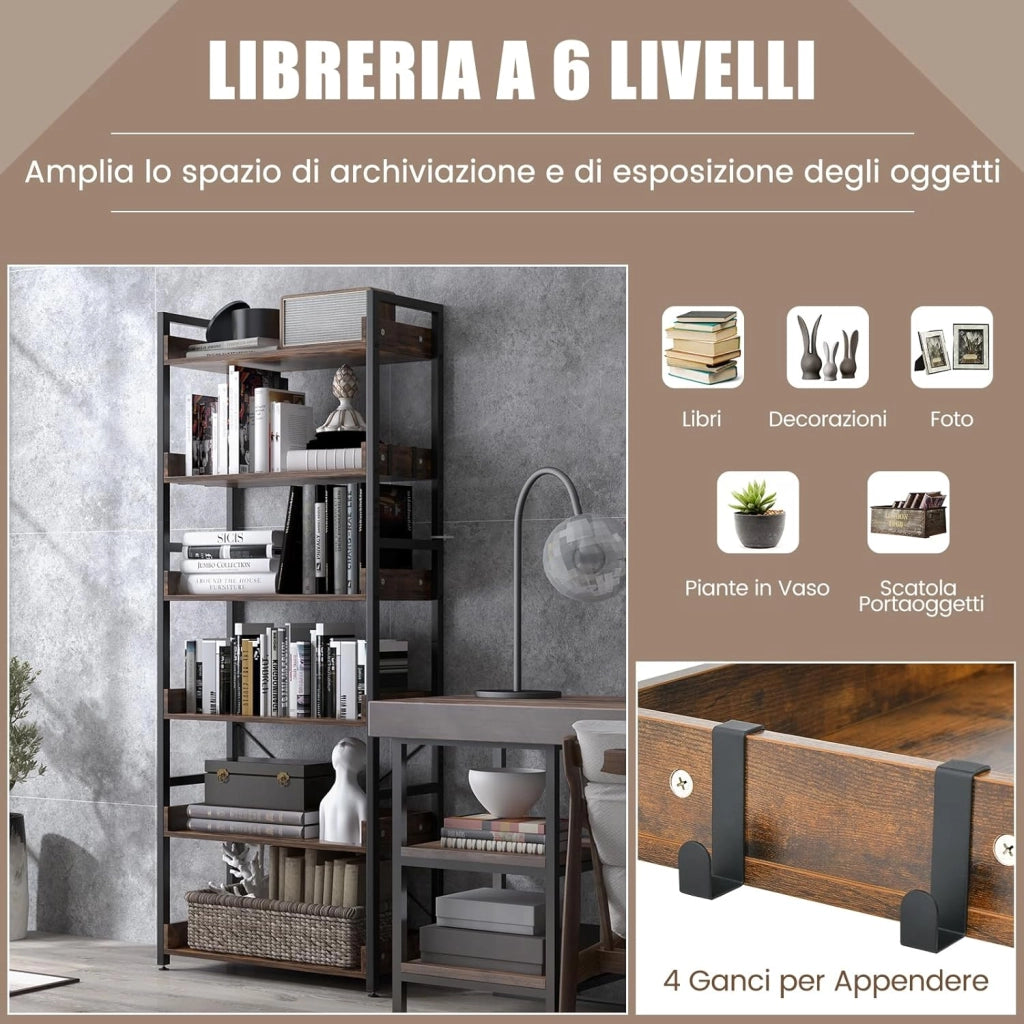 Scaffale a 6 Ripiani, Libreria Industriale Alta 177 cm con Ripiani Aperti e 4 Ganci, Scaffale Multifunzionale e Flessibile per Ufficio Soggiorno Camera da Letto e Cucina