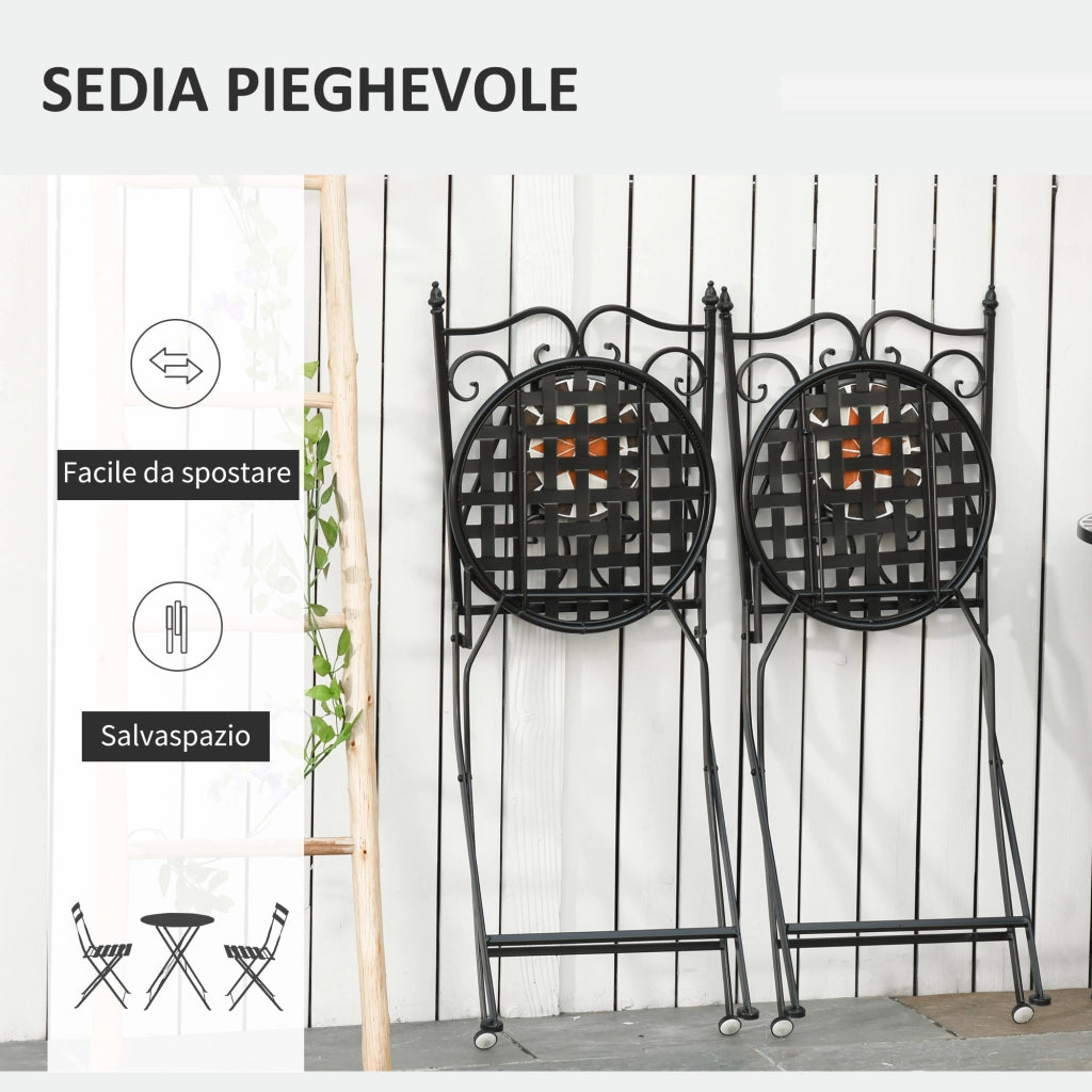 Set Giardino 3 Pezzi con Sedie Pieghevoli e Tavolino ¨C zephmum ¨C Metallo e Ceramica