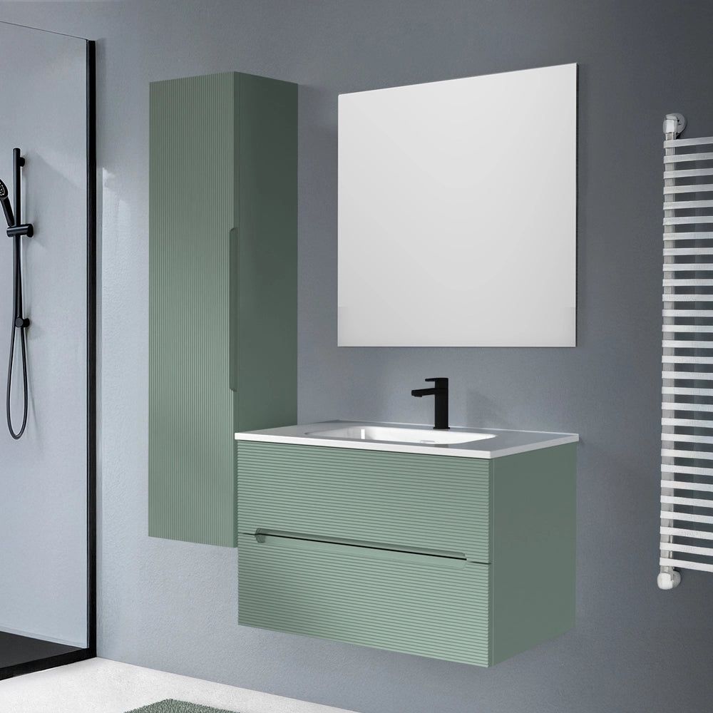 Mobile bagno sospeso 80 verde cannettato 2 cassetti lavabo e specchio Rigo