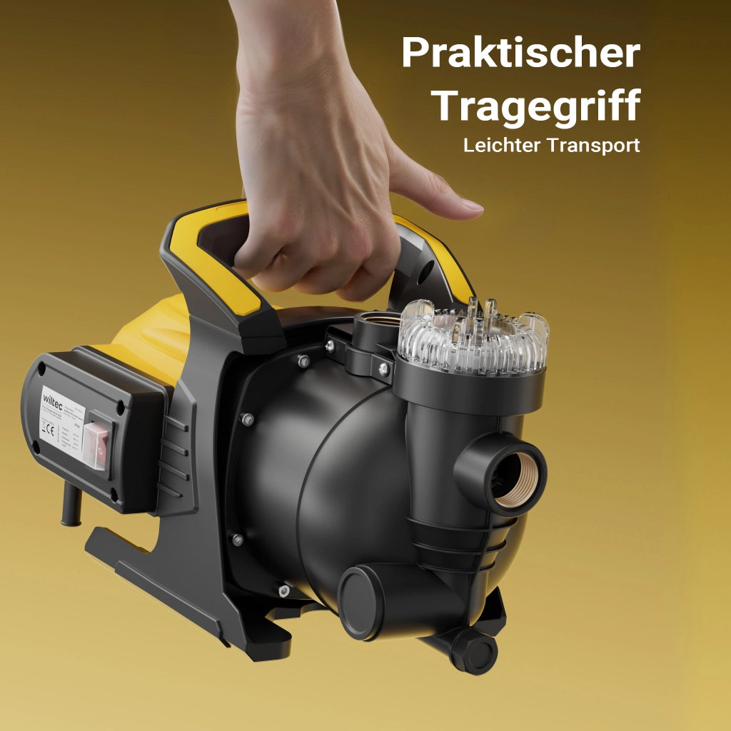 Pompa da giardino 1200 W alloggiamento in plastica, portata 3800 l/h, con prefiltro e maniglia di trasporto, altezza di mandata 48 m, profondità 8 m, 2850 rpm, per laghetti, cisterne, autoclavi