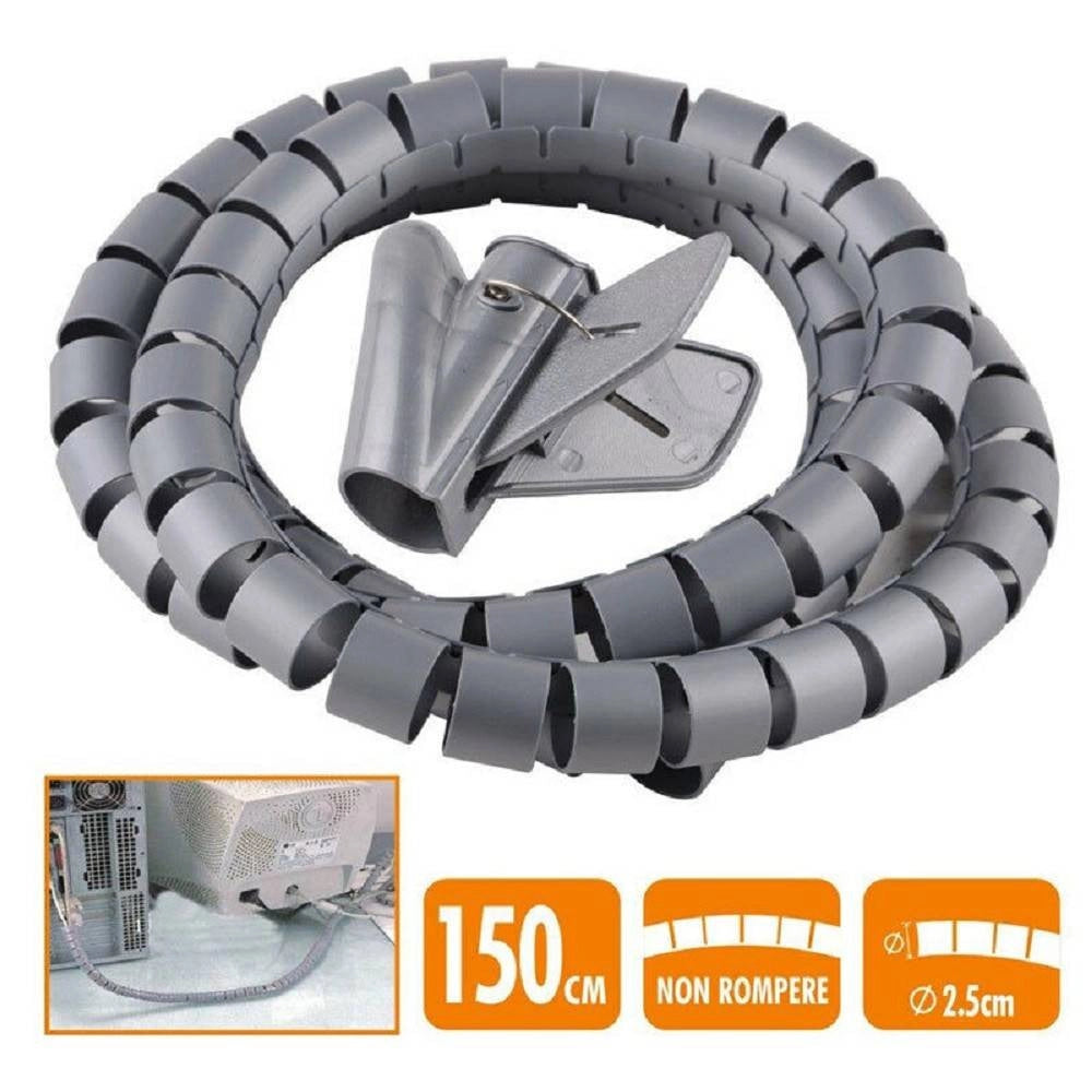Trade Shop - Raccogli Cavo Spiralato Organizer Copri Fili Cavi Elettrici 2,5cm X 1,5mt Grigio -