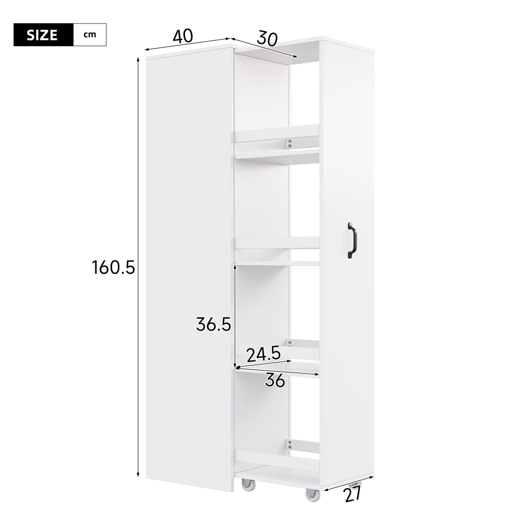 Libreria stretta con ruote e box protettivi; sponde di sicurezza in MDF bianca per libri A4 40 × 30 × 160.5 cm