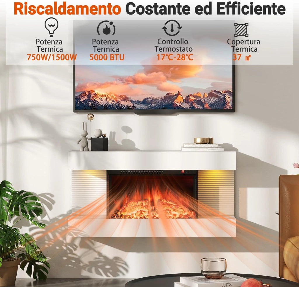 Camino Elettrico, 750W/1500W Caminetto con Luci LED, Telecomando, 12 Colori di Fiamma, Timer 8H Mensola Galleggiante e Protezione Surriscaldamento