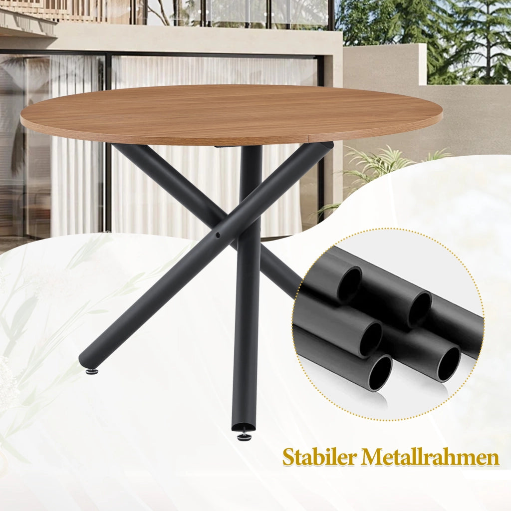 Tavolino basso rotondo con base in metallo a 3 gambe incrociate per soggiorno e camera, in MDF, nero e noce
