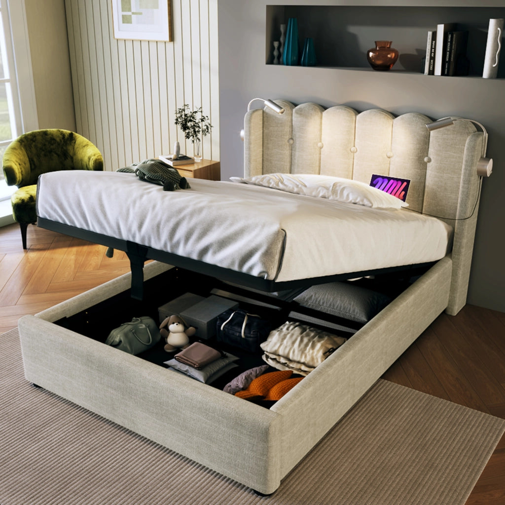 Letto singolo contenitore 90x200 cm beige con LED USB