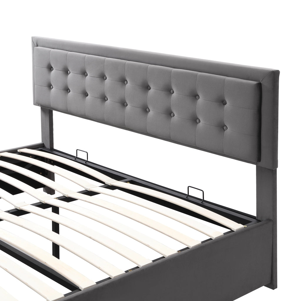 Letto contenitore idraulico con cassetti e testiera regolabile LEMONMAX; 160x200 cm; sommier a doghe; velluto; grigio