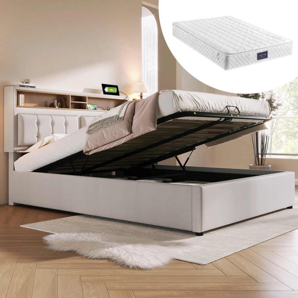 LETTO Contenitore 160x200 cm in lino beige con materasso incluso