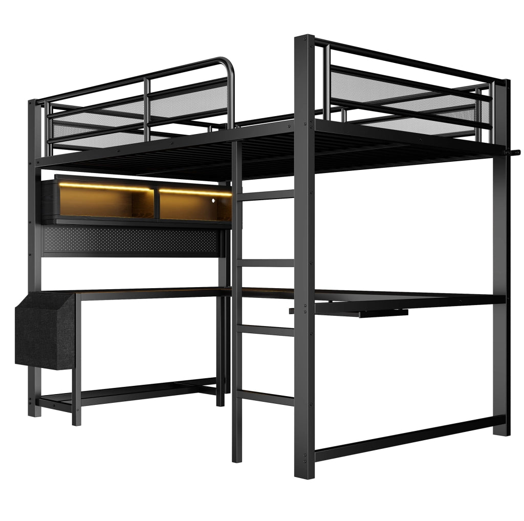 Letto a soppalco gaming 140x200 cm con scrivania, LED e prese USB in nero