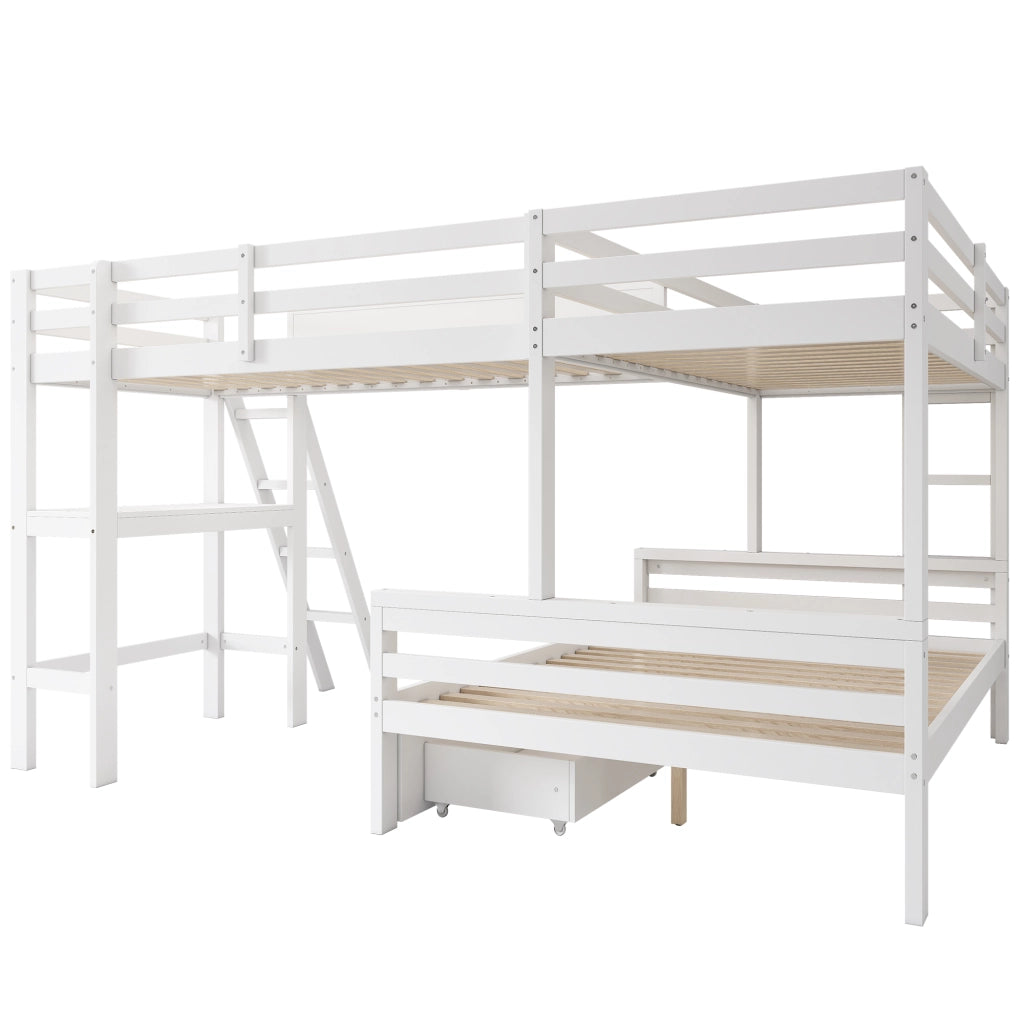 Letto a castello per bambini - Zephmum - 140x200cm e 90x200cm - Bianco - Con tre posti, cassetti, scrivania e scaffale
