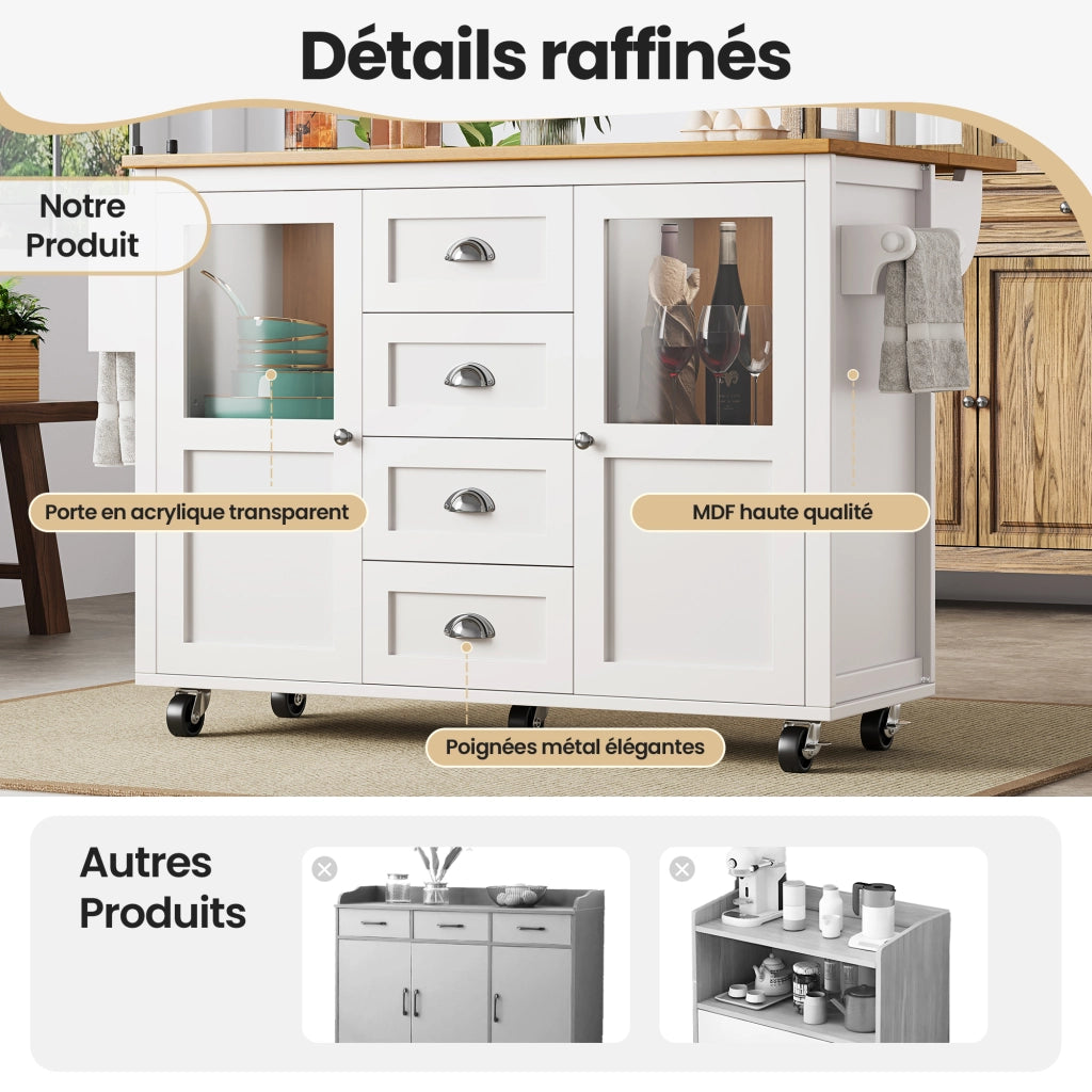 Carrello da Cucina con 4 Cassetti e 2 Ante; Piano Ribaltabile; Portaasciugamani e Portaspezie; Bianco