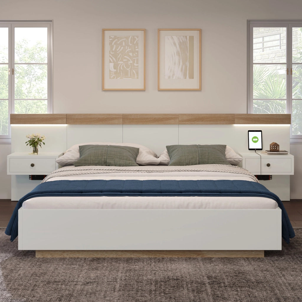 Letto matrimoniale 180x200 cm con 2 comodini LED, USB/Type-C, finitura Sonoma rovere e bianco
