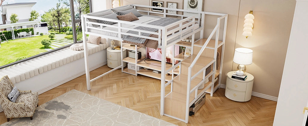DESMIU Letto a Soppalco 140 × 200 cm 2 Posti con Supporto TV, Presa e Scala Contenitore, Senza Materasso, Bianco