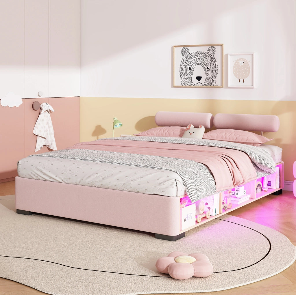 Letto imbottito per bambini rosa 140x200 cm con LED e vano laterale