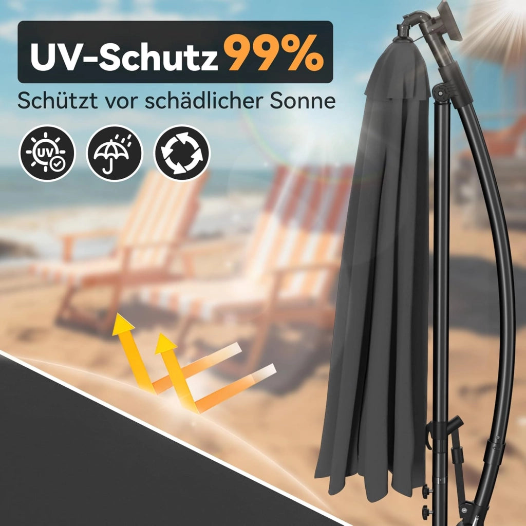 Ombrellone a LED solare, 300 cm, con manovella, in alluminio, ombrellone da giardino, balcone, con supporto, protezione dai raggi UV, terrazza, giardino, spiaggia, grigio scuro