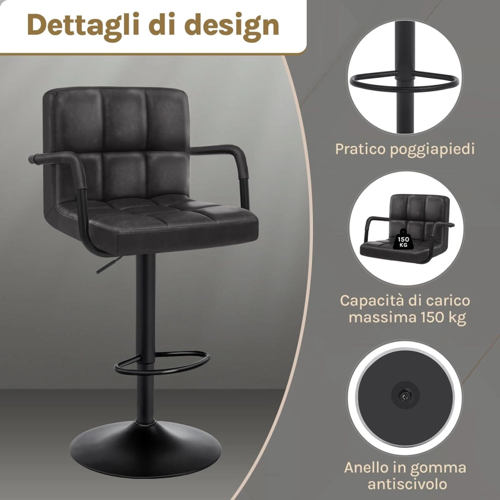 Coppia Sgabelli da Bar PU Vintage Sedia per Cucina Girevole con Schienale Braccioli Antracite