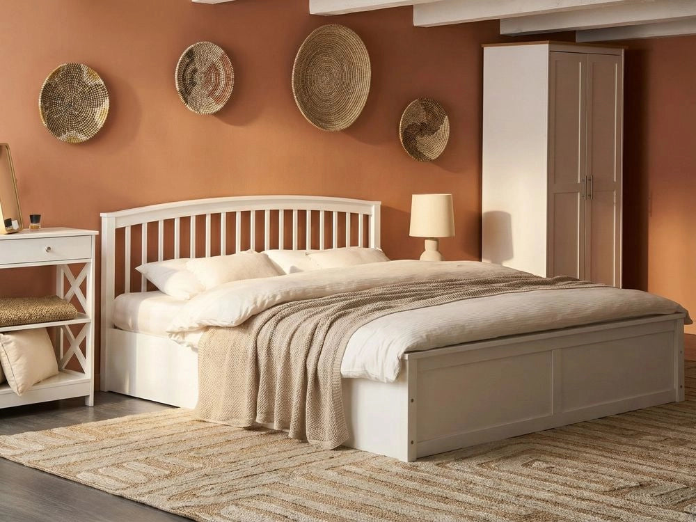 Letto matrimoniale in legno di pino con contenitore bianco con rete sollevabile 180 x 200 cm