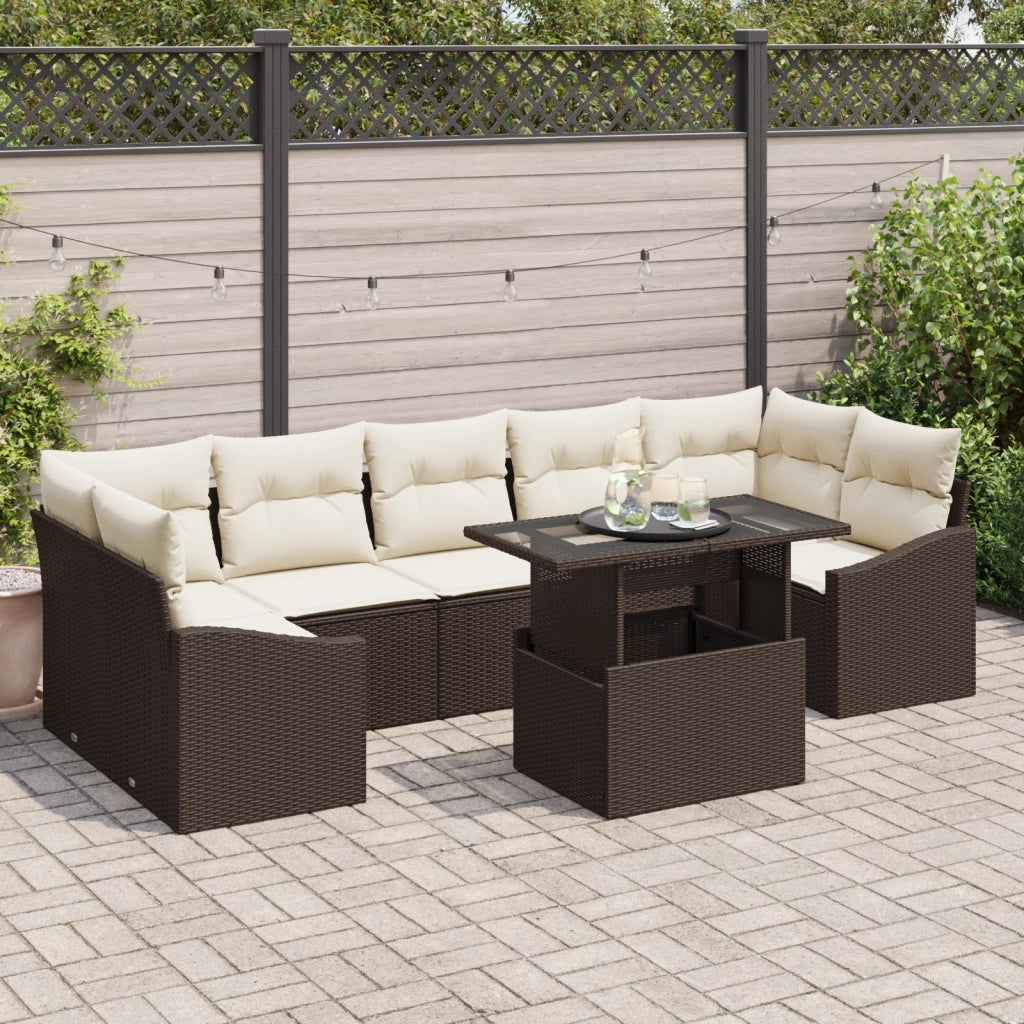 Set di divani da giardino composto da 8 pezzi con cuscini in polyrattan marrone
