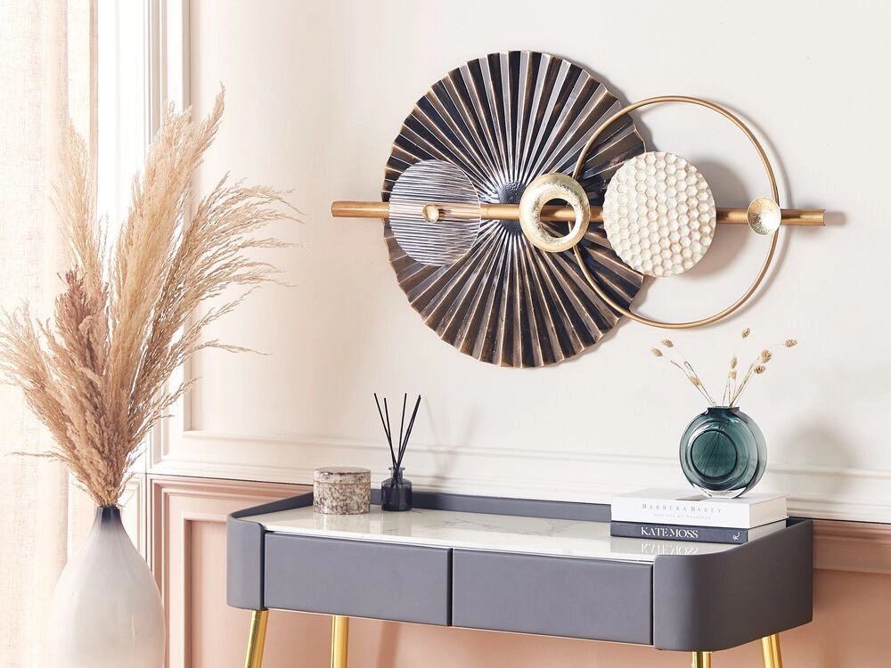 Decorazione da parete in metallo nero oro bianco 103 x 59 cm motivo geometrico soggiorno camera da letto