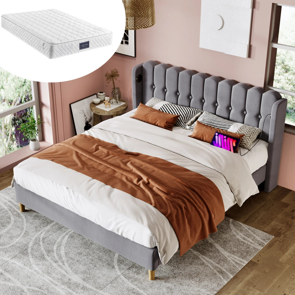 Letto imbottito grigio 140x200 cm con USB e Tipo C, materasso incluso