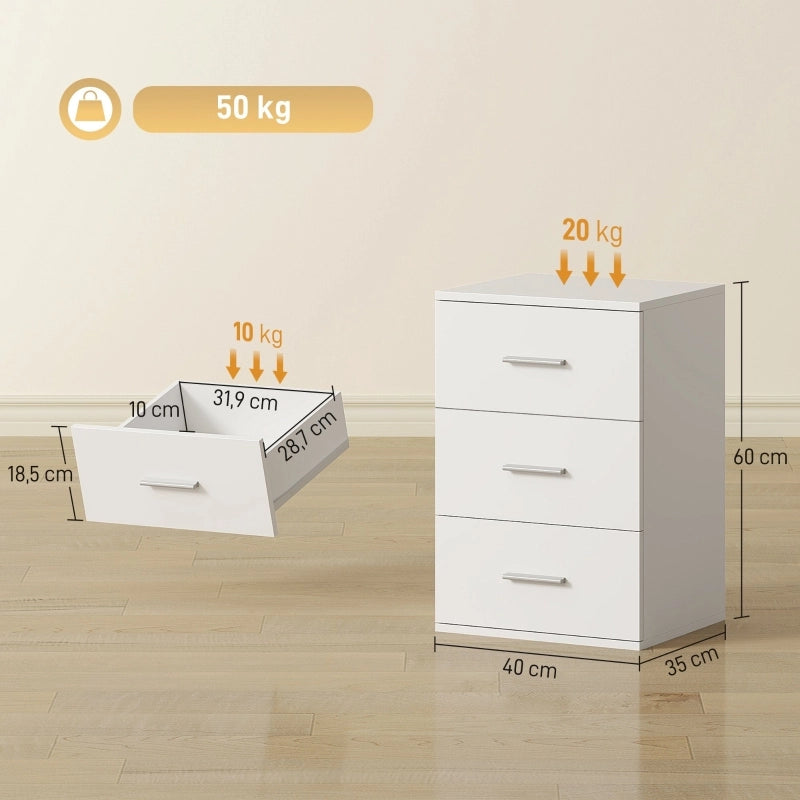 Comodino con 3 cassetti in MDF bianco, con piedini antiscivolo e bande antiribaltamento, per camera, 40 × 35 × 60 cm