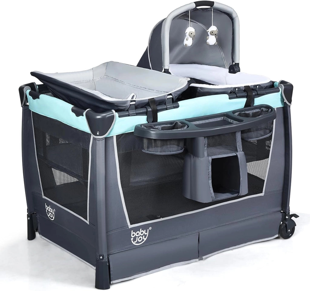 4 in 1 Lettino Neonato da Viaggio Pieghevole con Materasso, Culla da Campeggio con Fasciatoio e Giocattolo, per Bambini 0-36 Mesi fino a 15 kg (Grigio-Azzurro)