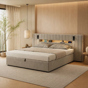 Letto matrimoniale imbottito 180x200 cm in velluto grigio con USB; LED e contenitore