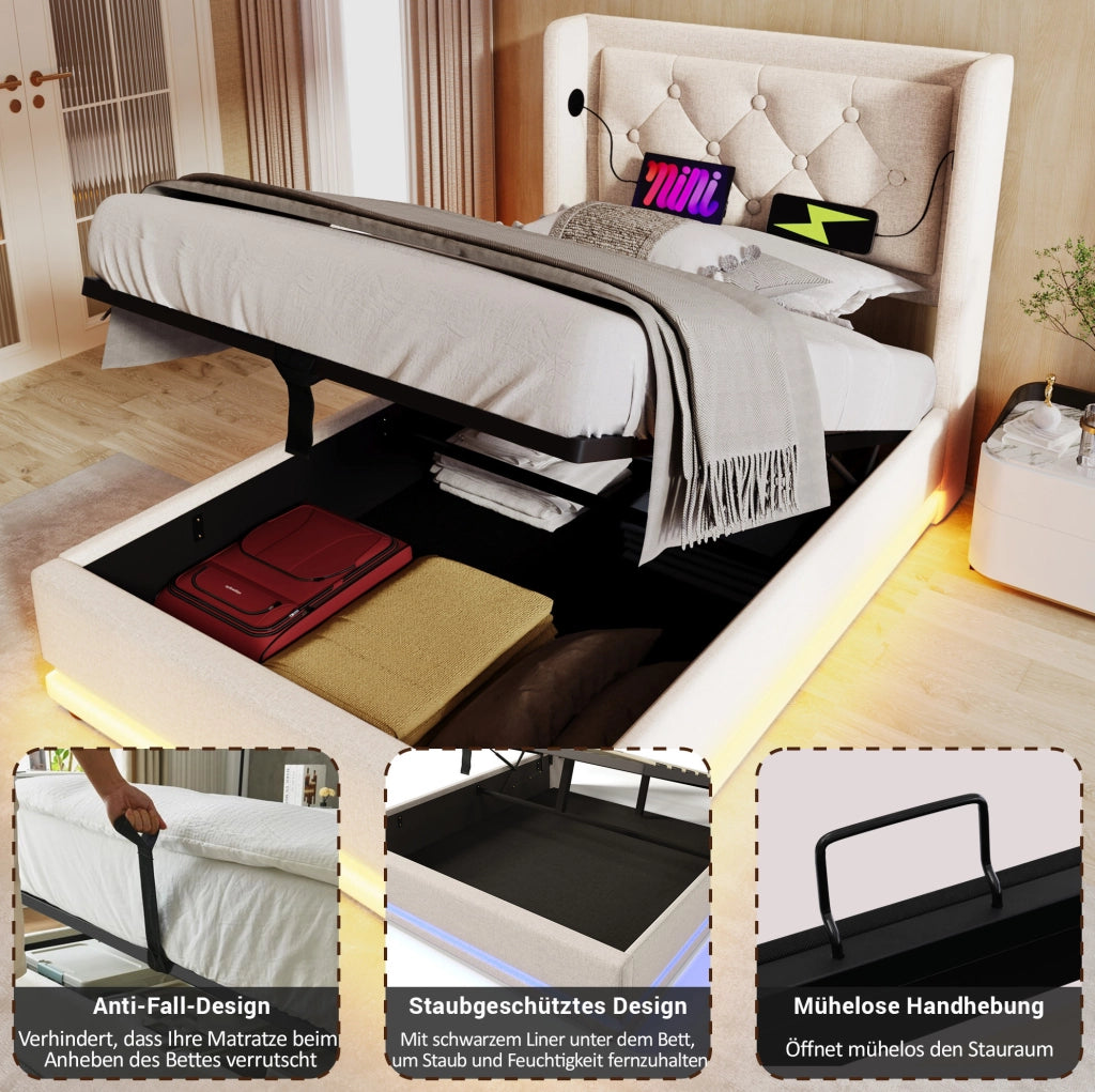 Letto singolo imbottito 90x200 cm in cotone beige con contenitore; USB Type-C e LED