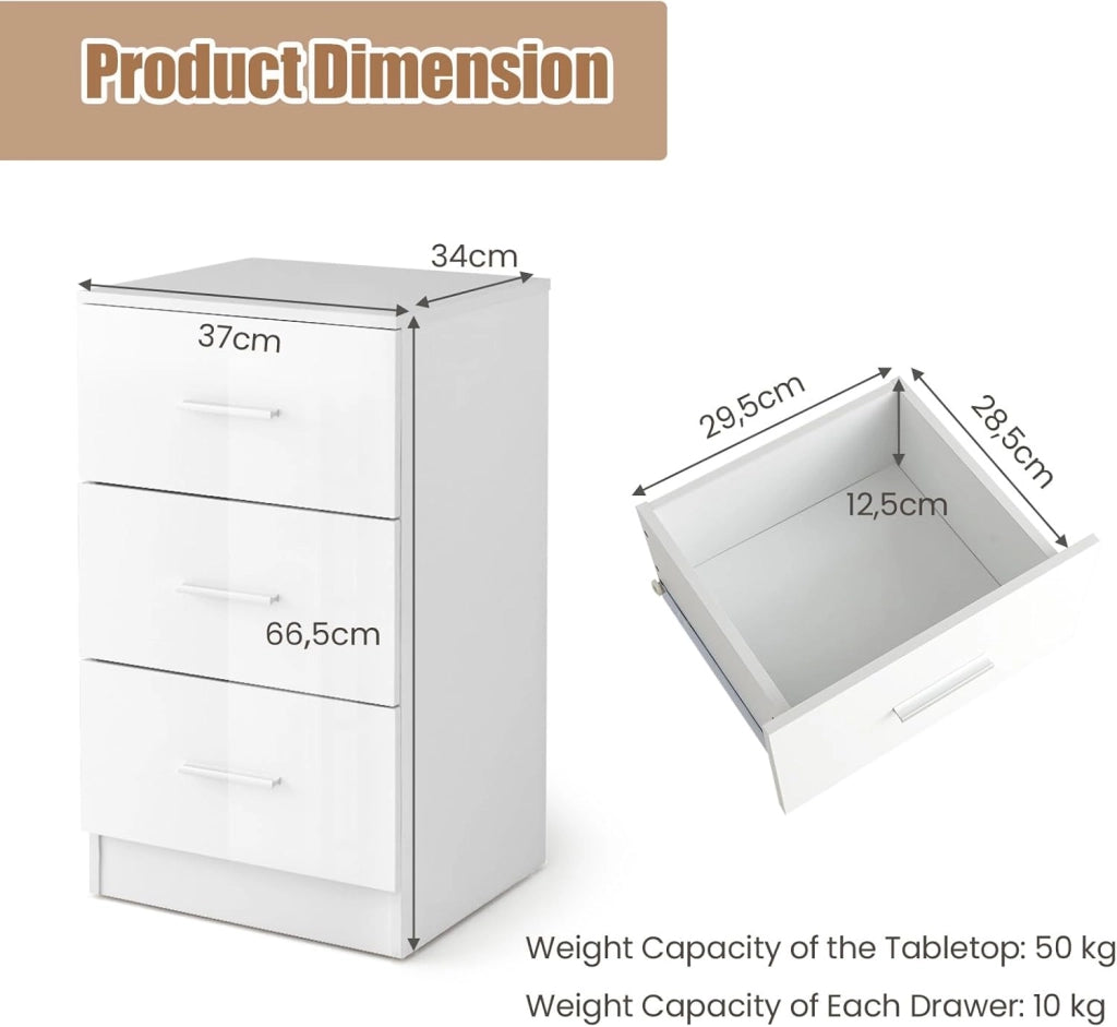 Cassettiera per ufficio con 3 cassetti, piccola commode multifunzionale con tappetino protettivo, classificatore con dispositivo anti-ribaltamento, 37 x 34 x 66,5 cm (Confezione da 2
