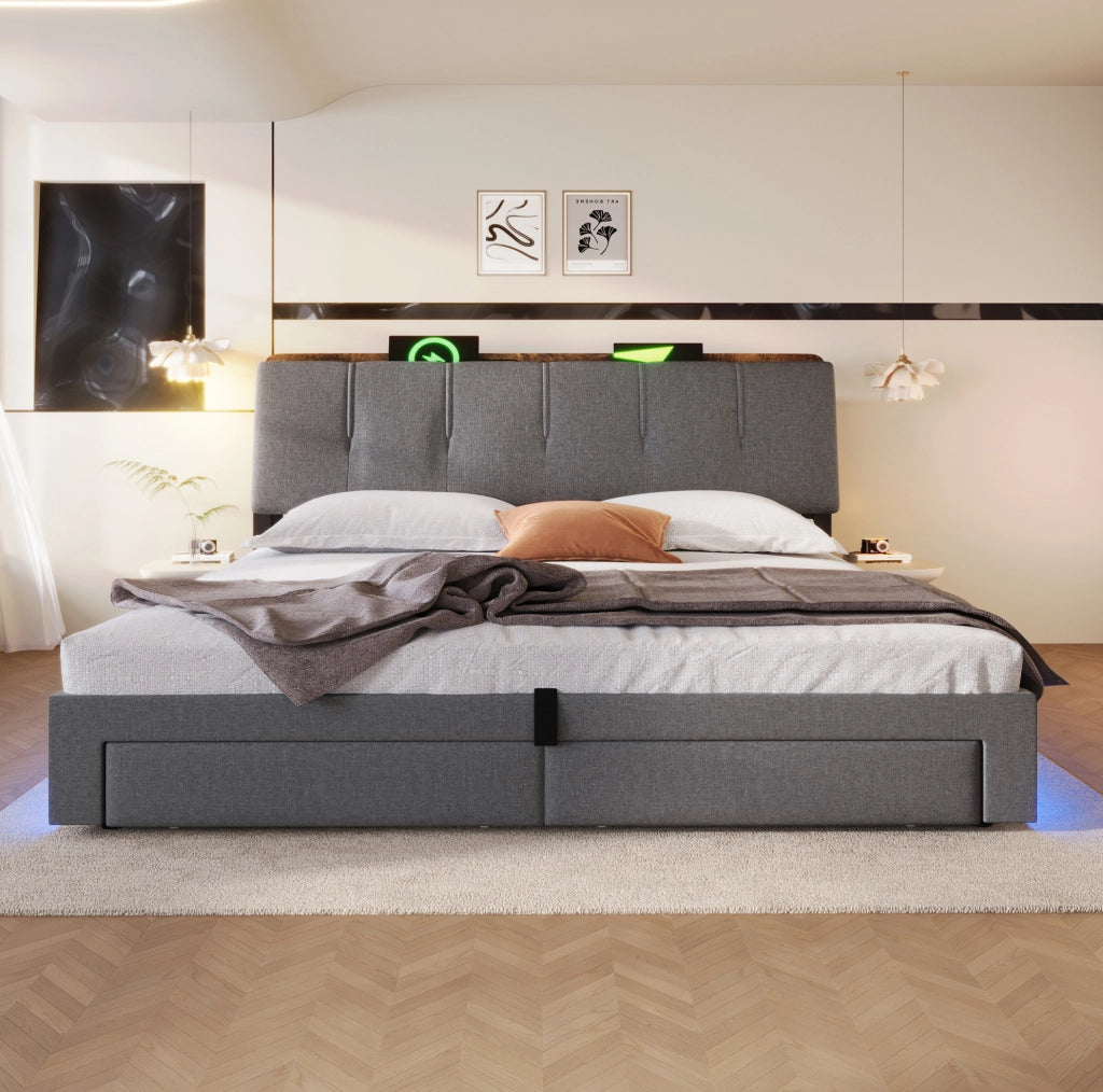 Letto matrimoniale imbottito ULEVR 180x200 cm con contenitore idraulico, LED, USB e Type-C, lino grigio