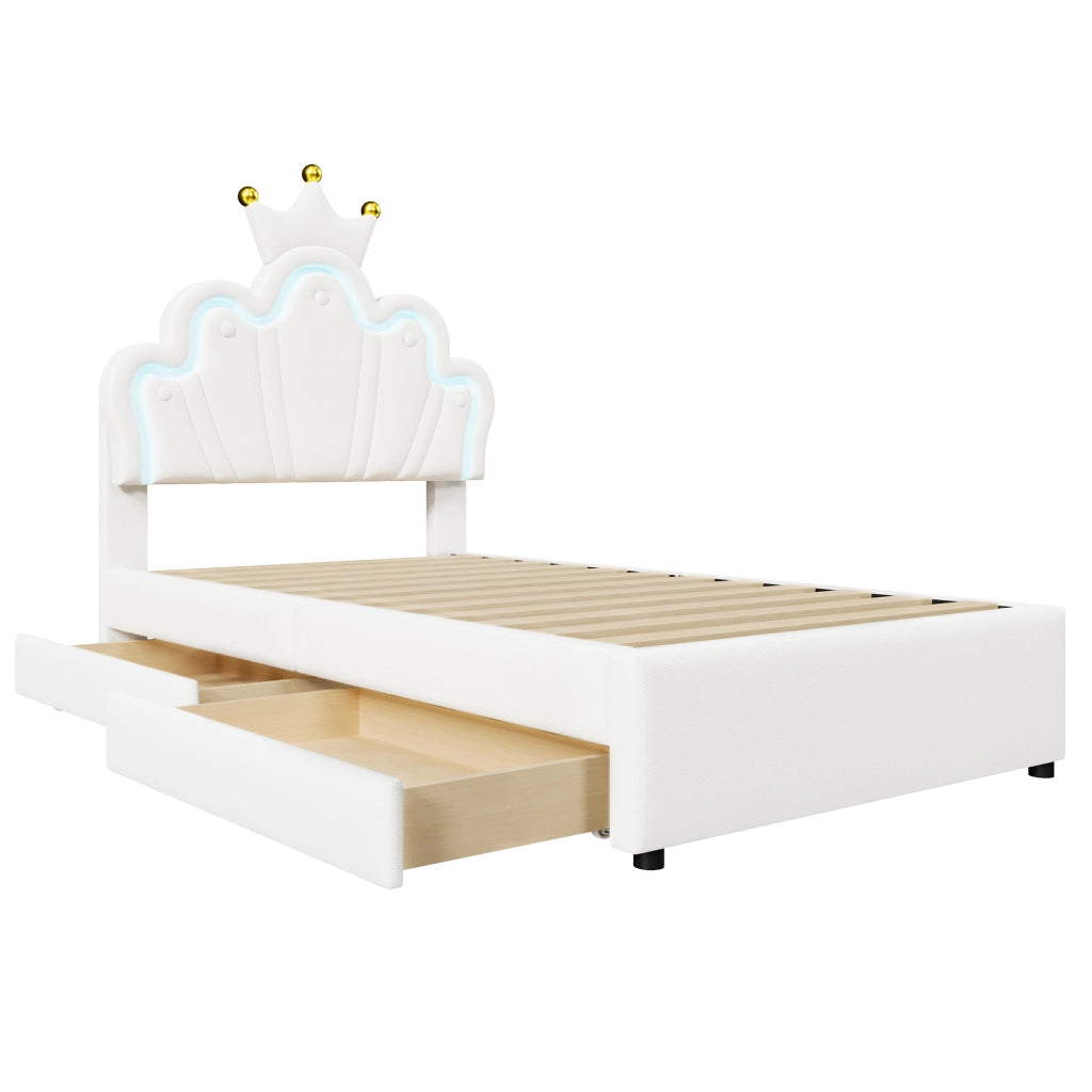 Letto per Bambini 1 Posto con 2 Cassetti; Testiera Regolabile e LED; 90×200 cm; senza Materasso