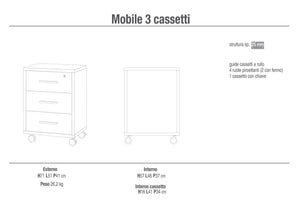 Cassettiera 3 Cassetti su Ruote 51x71x41 cm Ossido Bianco