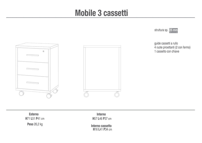 Cassettiera 3 Cassetti su Ruote 51x71x41 cm Cemento