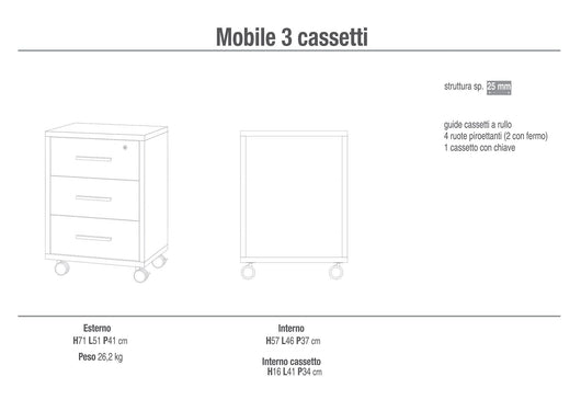 Cassettiera 3 Cassetti su Ruote 51x71x41 cm Ossido Bianco/Cemento