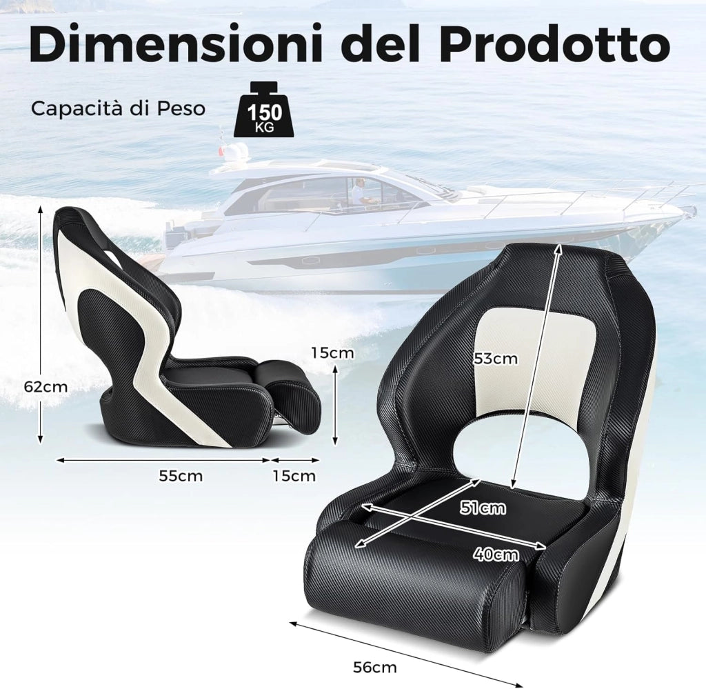 Sedia per Barca, Sedile da Barca con Supporto per Schienale e Cuscino, Rivestimento in Pelle PVC Impermeabile, Schienale Alto 53 cm, Seduta da Barca da Pesca e Escursioni