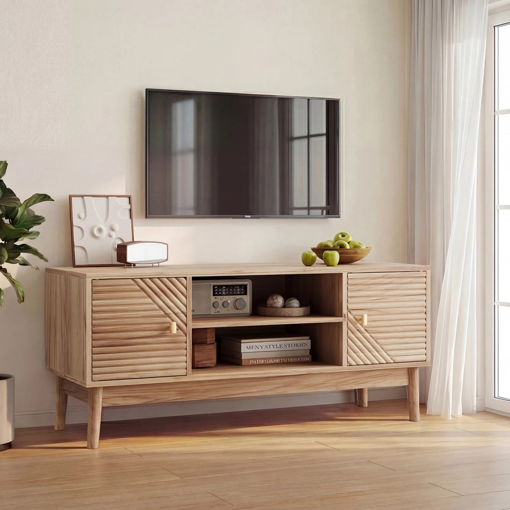Mobile TV in stile Mid-Century con ampio spazio contenitivo, colore rovere, per TV fino a 32/45 pollici