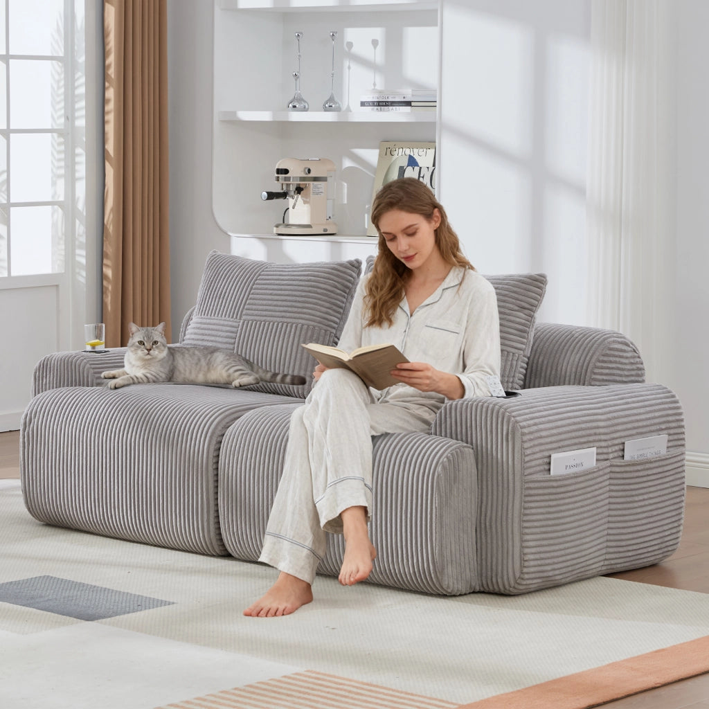 Divano modulare a 2 posti con portabicchieri e tasca laterale in corduroy per soggiorno moderno grigio chiaro