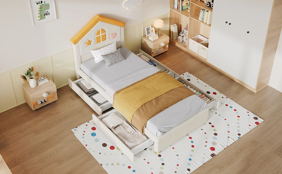 Letto per bambini 90 × 200 cm a casetta imbottito con 4 cassetti, senza materasso, in velluto, beige