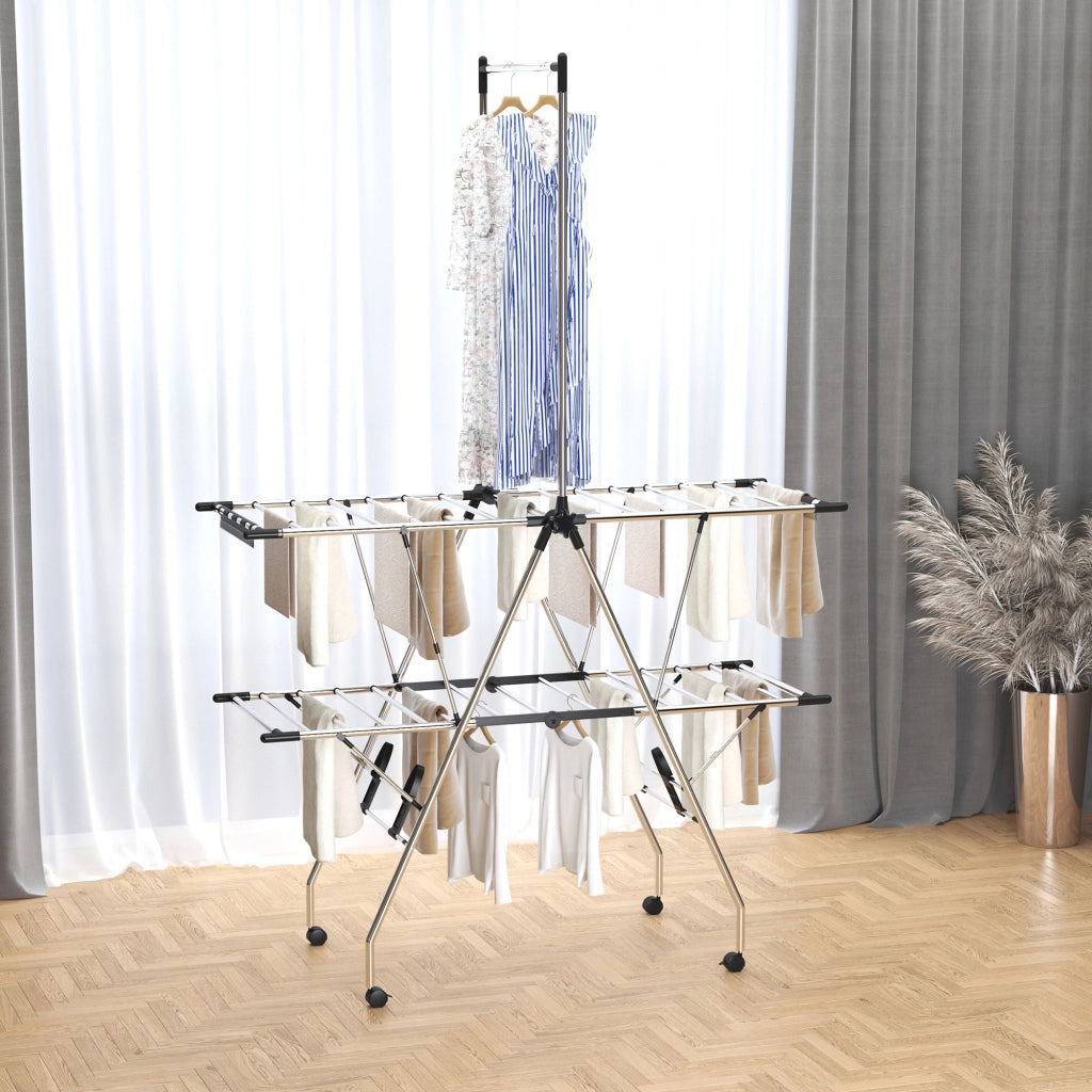 Asciugabiancheria Stendibiancheria Pieghevole con Ruote ¨C Zephmum ¨C Argento Nero 138.5x63x208 cm