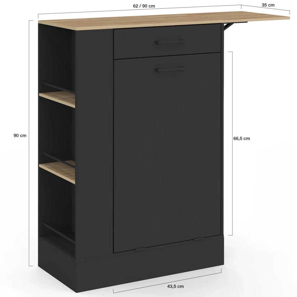 IDMarket - Credenza da cucina compatta TIBO 90 cm con cestino, ripiano ribaltabile, 1 cassetto e 3 ripiani laterali in legno e nero
