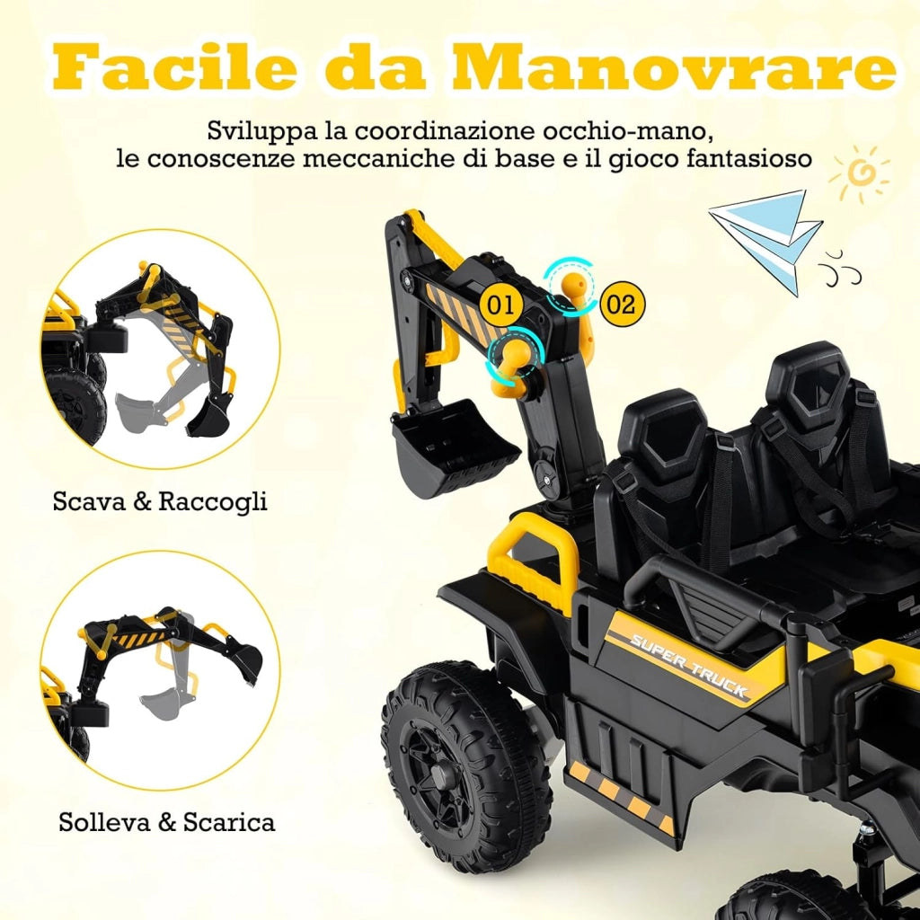 24V Escavatore Elettrico per Bambini, Veicolo da Costruzione 4WD con Telecomando, Musica, Luci, Braccio Scavante, Giocattolo Elettrico per Bambini 3 Anni+