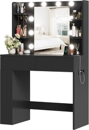 Tavolo da Trucco con Luci e Specchio, 55 x 45 cm, Comodino Moderno con Presa e Porte USB, 2 Cassetti e Scatola Laterale Regolabile, Mobile per il Make-up da Camera (Nero)