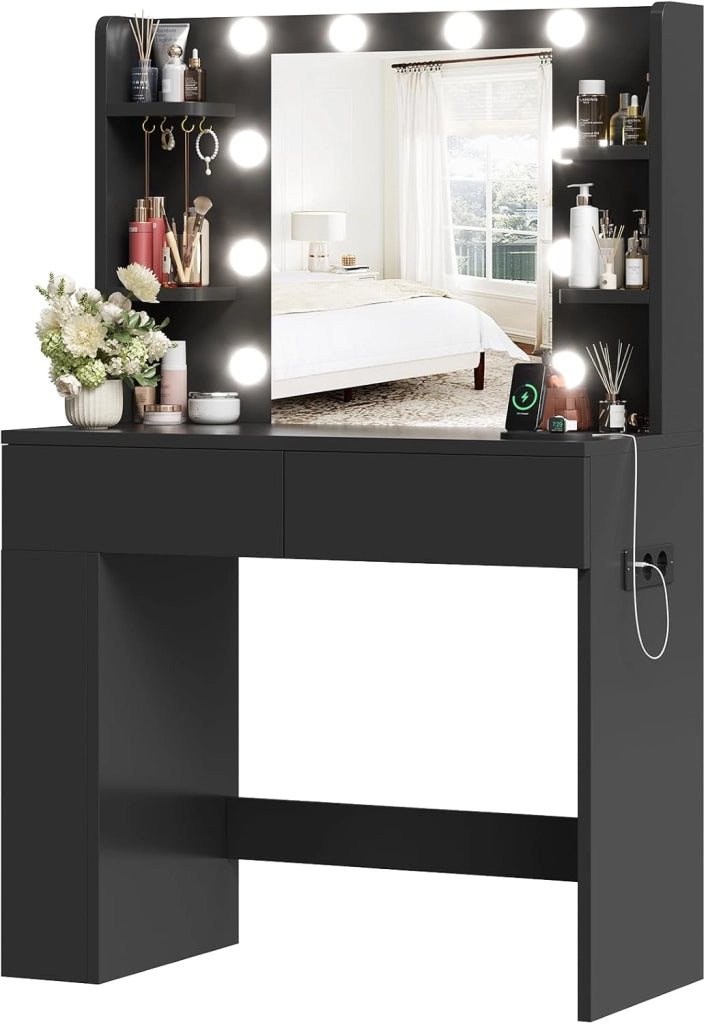 Tavolo da Trucco con Luci e Specchio, 55 x 45 cm, Comodino Moderno con Presa e Porte USB, 2 Cassetti e Scatola Laterale Regolabile, Mobile per il Make-up da Camera (Nero)