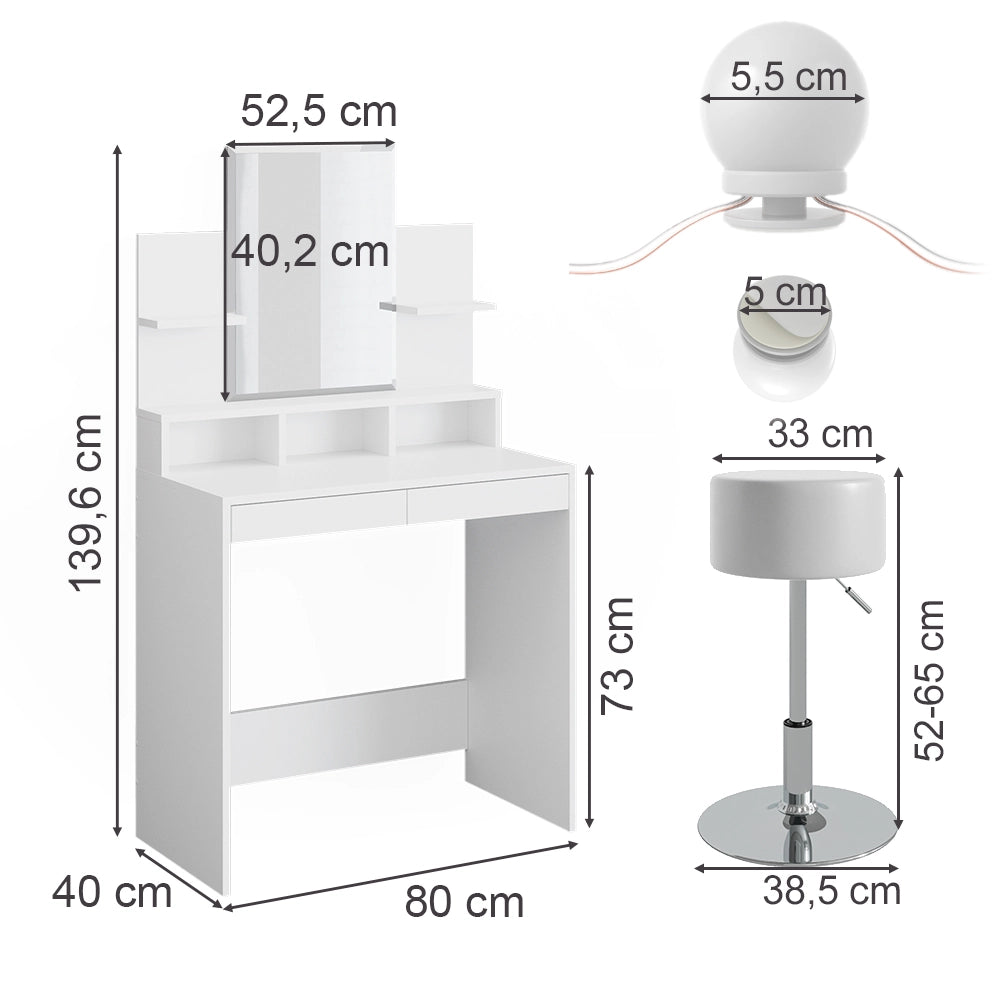 Vicco Tavolo da toeletta Bianco 80 cm con illuminazione LED e sgabello