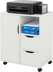 Cassettiera da Scrivania Ufficio su Ruote Cassettiera Ufficio con 2 Cassetti, 1 Anta e 1 Ripiano Aperto Carrello Tavolino Comodino Piccolo Comodino Bianco L60xP35xA70cm FBT105-W