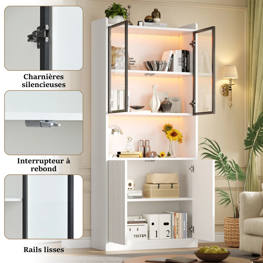 Vetrina LED Bluetooth con 4 ante; 5 vani e ripiani regolabili bianca 80 × 35 × 200 cm